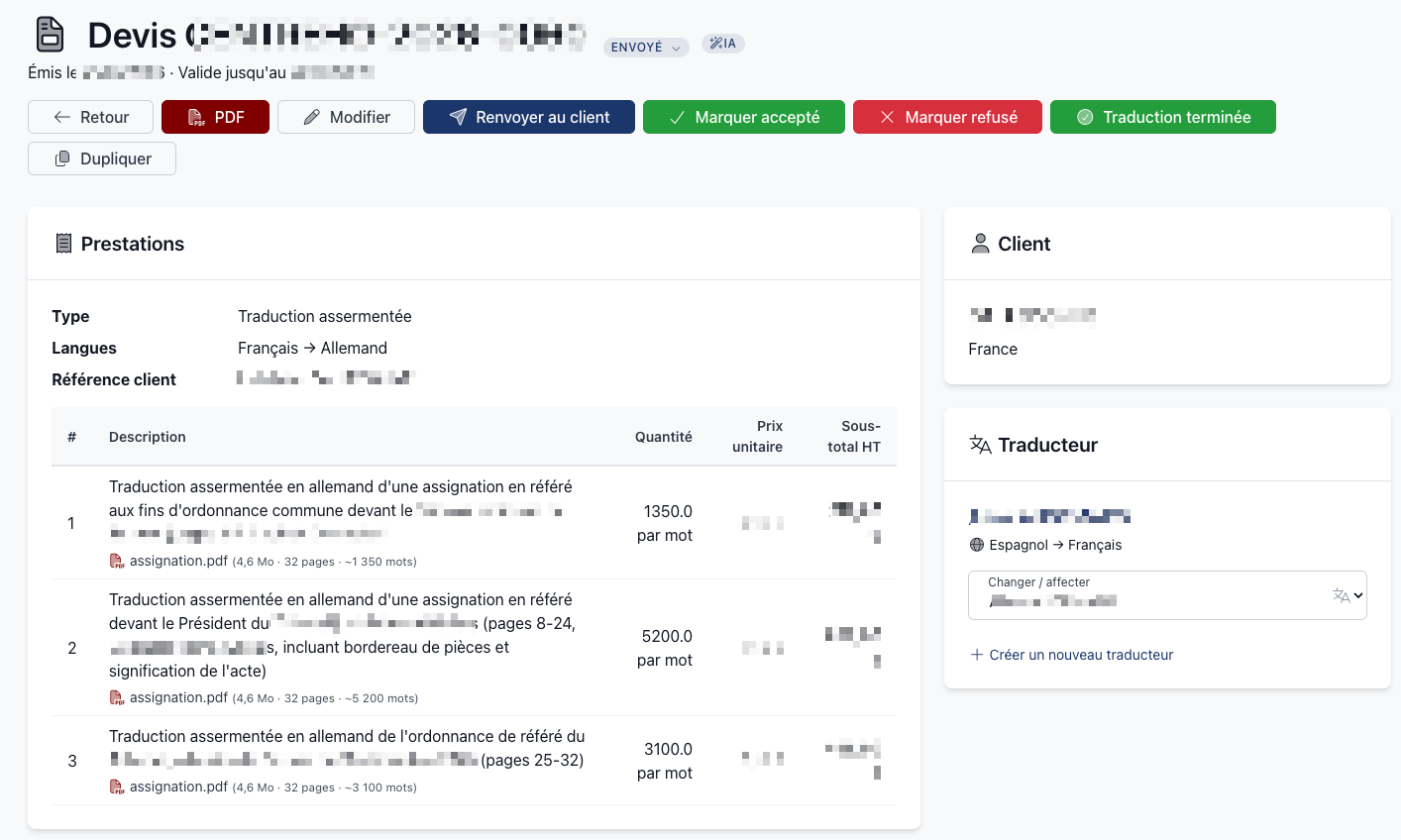 Aperçu d'un devis de traduction assermentée généré par l'IA — montants, références client et numéros de devis floutés.